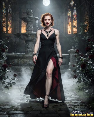 A woman wearing a black slit dress walks through a misty courtyard