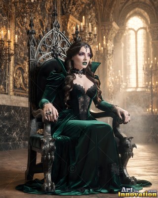 A woman sits on an iron throne in a dark green velvet dress under warm window light