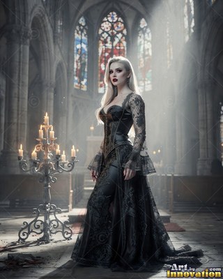 Standing tall in a stone cathedral, a fair-skinned woman wears a black lace gown