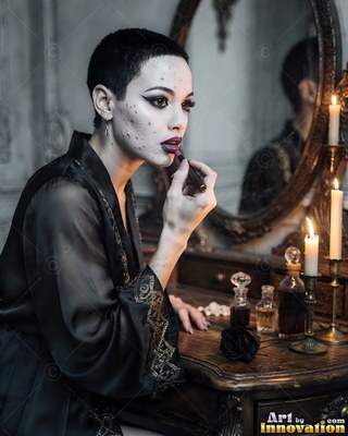 A short-haired dark-clad woman in a robe applies dark lipstick at a candlelit vanity table
