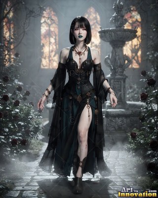 In a misty stone courtyard, a dark-haired woman walks in a long black dress