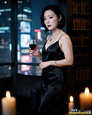 Holding a wine glass, a woman in a black silk dress stands near candles and city lights