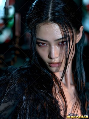 Wet black hair clings to the face of a light-skinned woman with red eyes in a dim candlelit room