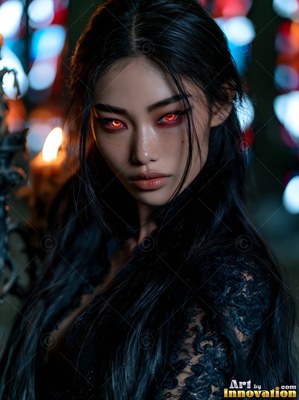 A dark-haired woman stares forward, her red eyes shining by warm candlelight