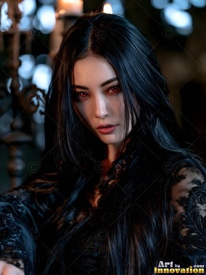 Leaning forward in a dark room, a pale-skinned woman in black lace looks ahead with red eyes