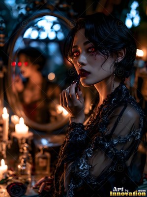 A fair-skinned woman with red eyes puts on dark lipstick by candlelight in a mirror