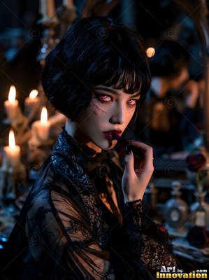 By candlelight, a short-haired woman in black lace applies dark red lipstick