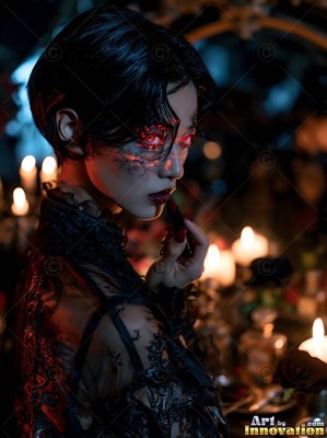 Applying red lipstick, a woman with dark hair stands near lit candles