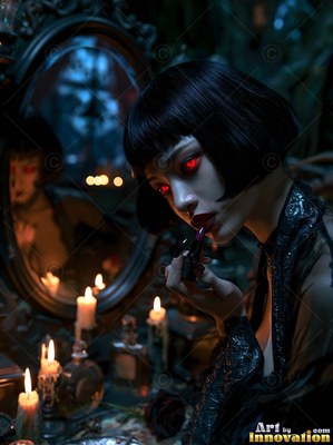 Woman with short black hair and red eyes puts on lipstick by candles