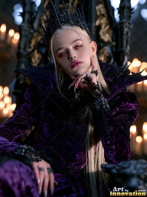 Black spiked crown on a blonde woman sitting in purple velvet on a dark throne