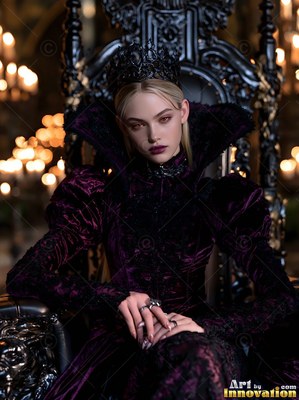 A woman sits on a black throne wearing a dark purple velvet gown in warm candlelight