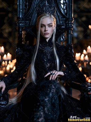 Seated on a dark carved throne, a blonde woman dressed in a black evening dress wears a tall crown