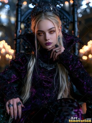 A blonde woman in a dark purple velvet dress and crown sits on a throne
