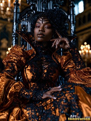 On a black carved throne, a Black woman sits in a bronze and lace gown
