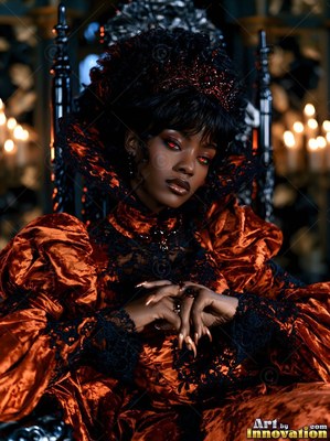 Sitting on a black throne, a woman with red eyes wears a rust-colored velvet gown