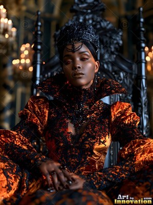 A Black woman sits on a black throne in an orange velvet dress