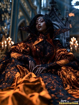 High-collared black and copper gown on a woman reclining in a stone hall with candles