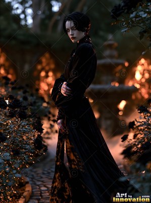 A fair-skinned woman in black stands in a dark garden lit by warm orange lamps