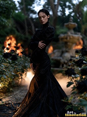 Standing tall in a dark garden, a white-skinned woman wears a long black evening dress