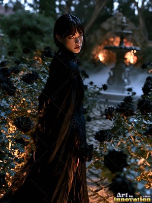 A light-skinned woman wearing a dark gown walks through dark roses near a fountain