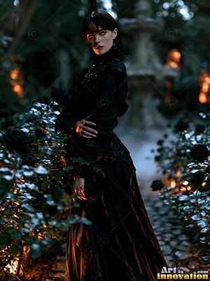 In a dark garden, a pale-skinned woman wearing a dark gown stands among black roses