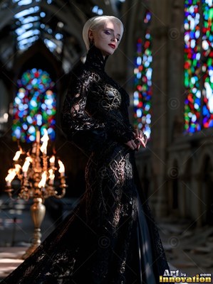 Standing beside candles, a blonde woman wears a black lace gown in a church