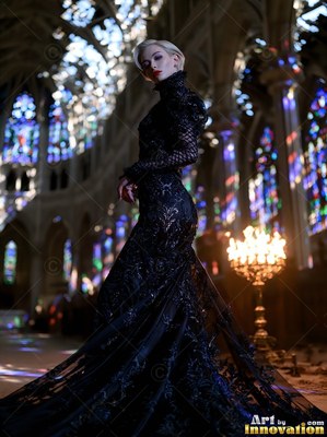 A blonde woman wearing a black evening dress stands in a sunlit cathedral
