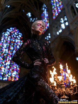 In a black lace gown, a blonde woman stands near flaming candles in a stone cathedral