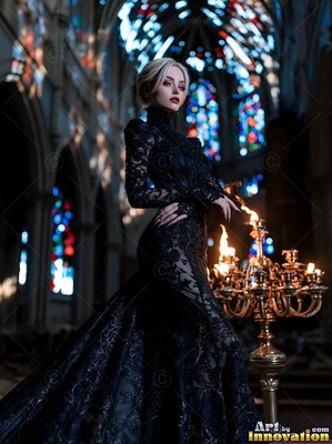 A woman in a black lace gown stands beside a candelabra lit by warm yellow flames