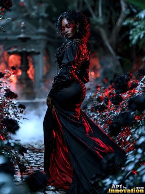 Looking over her shoulder in a dark garden, a woman wears a black and red dress
