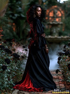 A woman in a long black and red gown stands in a dark rose garden