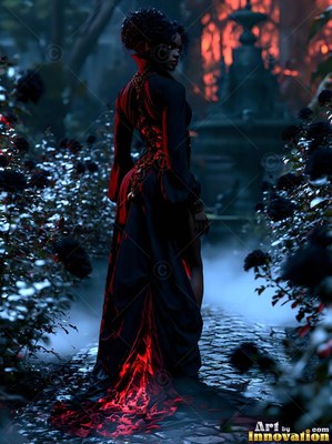 In a dark rose garden, a woman stands in a black dress with red train details