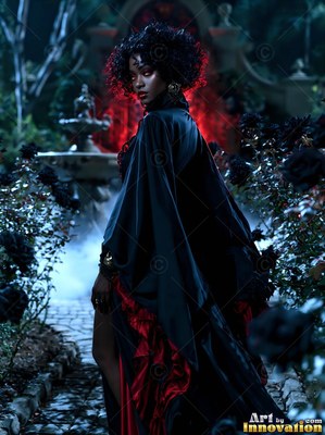 Looking back over her shoulder, a vampire woman dressed in a black cape walks through a rose garden