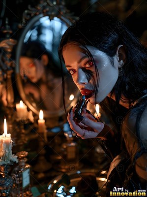 White-skinned woman putting on dark lipstick by candles near a mirror