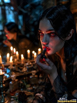 Red lipstick touches a pale-skinned woman's lips at a vanity table lit by candles