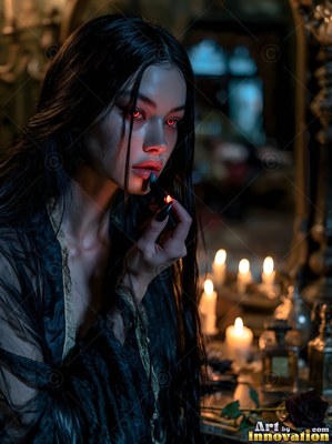 A dark-haired woman with red eyes applies black lipstick in warm candlelight