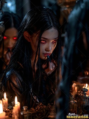 Leaning forward at a dark vanity, a pale woman applies red lipstick by candlelight