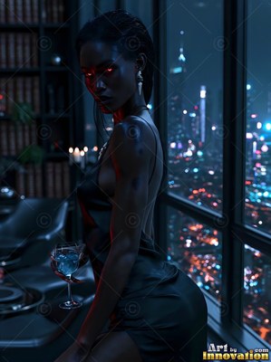 A dark-skinned woman with red eyes holds a drink by a city window