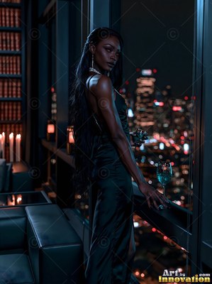 In a dark high-rise room, a woman wearing a black dress holds a glass by the window