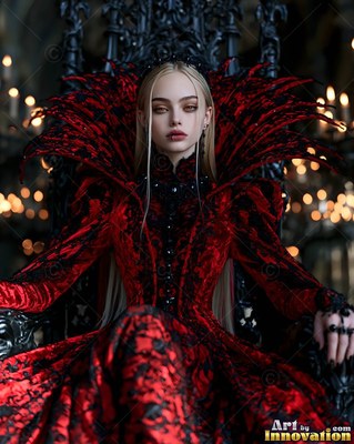 High feathery collar framing a blonde woman on a dark throne lit by candles