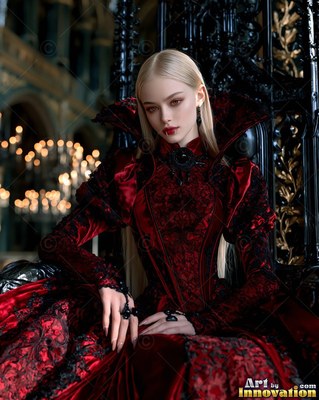 A blonde woman sits on a black throne, wearing a deep red velvet gown beside soft candlelight