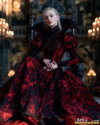 Seated on a dark throne in a candlelit hall, a pale woman wears a red velvet gown
