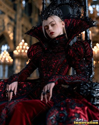 A fair-skinned woman in a high-collared dark red gown sits back on a black throne