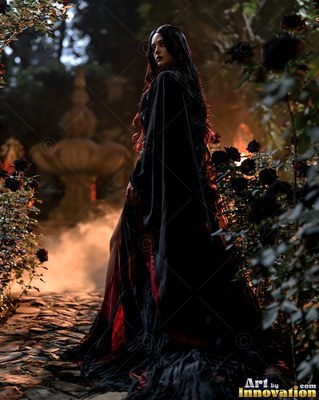 In a dark foggy garden, a woman wearing a black cape looks back along a stone path