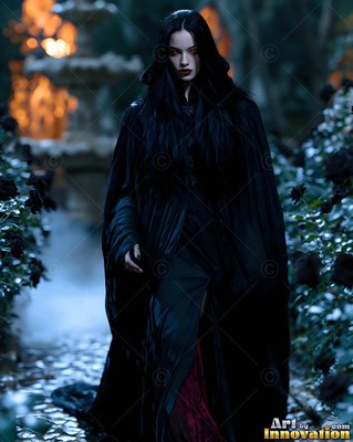 Walking along a misty garden path, a white-skinned woman wears a long black cloak