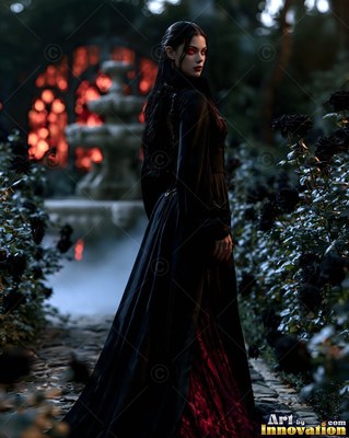 Woman in a black and red dress stands in a dark rose garden