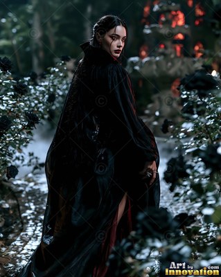 A high collar frames a pale woman in dark cape walking past dark rose bushes at night