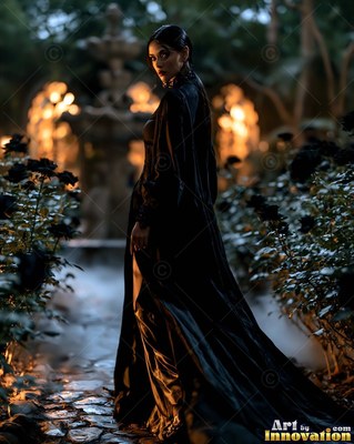 A woman in a long black gown looks back along a stone path lit by warm yellow light