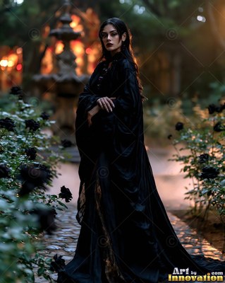Standing on a garden path, a woman in a black velvet cloak crosses her arms