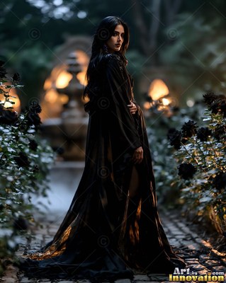 A woman in a long floor-length black dress looks back along a stone path of roses